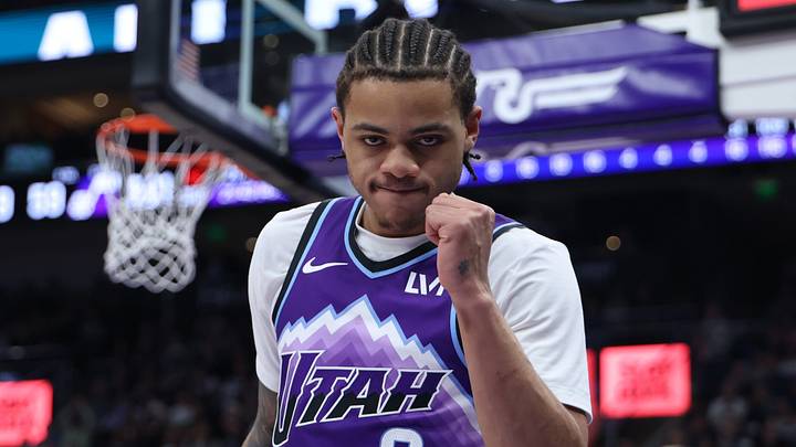 Jan 30, 2026; Salt Lake City, Utah, USA; Utah Jazz guard Keyonte George (3) reacts after a play against the Brooklyn Nets during the second half at Delta Center. Mandatory Credit: Rob Gray-Imagn Images Jan 30, 2026; Salt Lake City, Utah, USA; Utah Jazz guard Keyonte George (3) reacts after a play against the Brooklyn Nets during the second half at Delta Center. Mandatory Credit: Rob Gray-Imagn Images