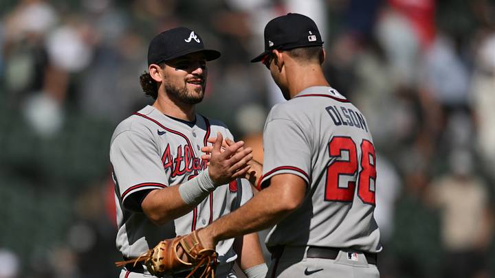 Aug 20, 2026; Chicago, Illinois, USA;  Atlanta Braves third baseman Austin Riley (27) celebrates with first baseman Matt Olson (28) after defeating the Chicago White Sox at Rate Field.  Mandatory Credit: Patrick Gorski-Imagn Images