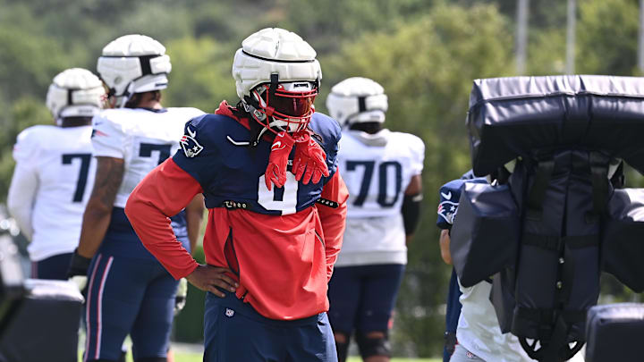 Aug 03, 2024; Foxborough, MA, USA; New England Patriots linebacker Matthew Judon (9) waits to do a drill during training camp at Gillette Stadium. Mandatory Credit: Eric Canha-Imagn Images