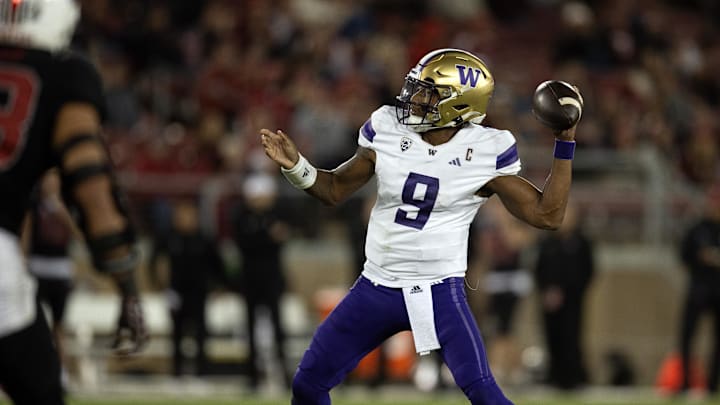 Oct 28, 2023; Stanford, California, USA; Washington Huskies quarterback Michael Penix Jr. (9) drops