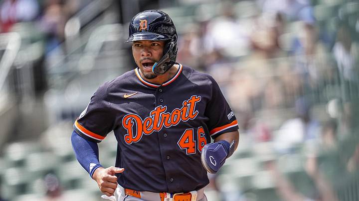 Apr 30, 2026; Cumberland, Georgia, USA; Detroit Tigers Wenceel Perez (46) reacts after scoring a run against the Atlanta Braves during the ninth inning at Truist Park. Mandatory Credit: Dale Zanine-Imagn Images Apr 30, 2026; Cumberland, Georgia, USA; Detroit Tigers Wenceel Perez (46) reacts after scoring a run against the Atlanta Braves during the ninth inning at Truist Park. Mandatory Credit: Dale Zanine-Imagn Images
