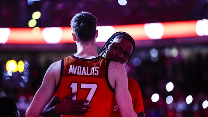 Feb 7, 2026; Raleigh, N.C.; Virginia Tech guard Neoklis Avdalas (17) and forward Tobi Lawal (1) during the second half.