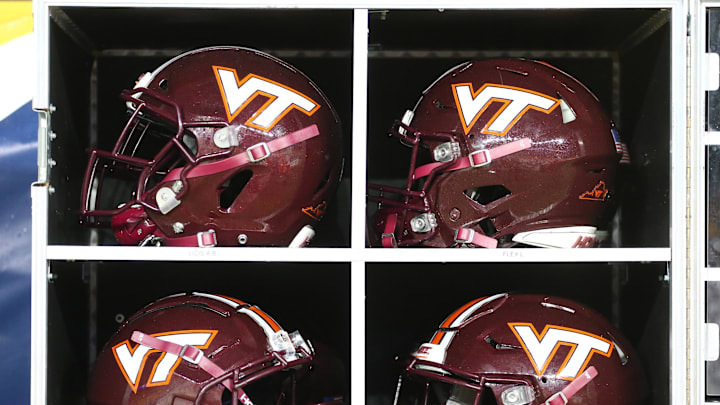 Nov 21, 2020; Pittsburgh, Pennsylvania, USA;  Helmets  inside the Virginia Tech Hokies equipment trunk on the sidelines against the Pittsburgh Panthers during the third quarter at Heinz Field. Pittsburgh won 47-14. Mandatory Credit: Charles LeClaire-Imagn Images