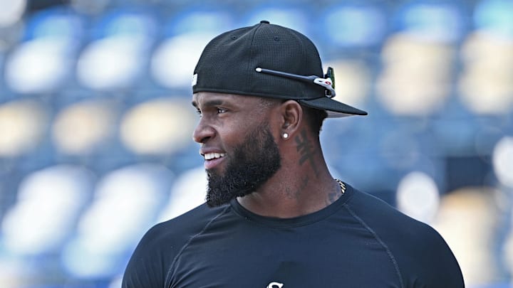 May 5, 2025; Kansas City, Missouri, USA;  Chicago White Sox center fielder Luis Robert Jr. (88) during batting practice before a game against the Kansas City Royals at Kauffman Stadium. Mandatory Credit: Peter Aiken-Imagn Images