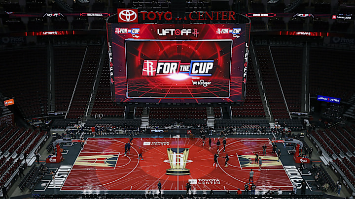 Nov 15, 2024; Houston, Texas, USA; General view of the floor for the Emirates NBA Cup 2024 at Toyota Center before the game between the Houston Rockets and the Los Angeles Clippers. Mandatory Credit: Troy Taormina-Imagn Images