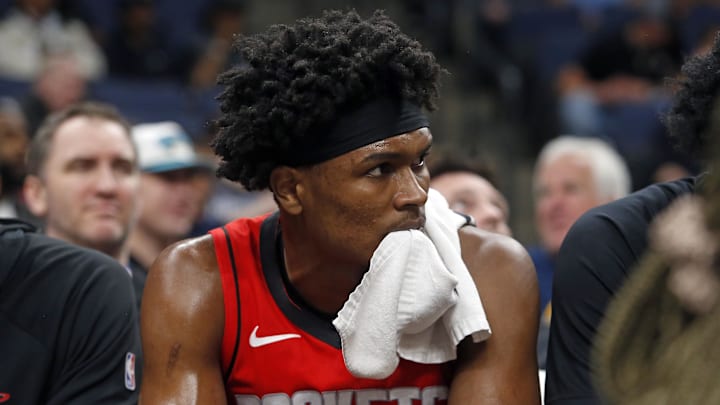 Mar 27, 2026; Memphis, Tennessee, USA; Houston Rockets guard Amen Thompson (1) on the bench during the second quarter against the Memphis Grizzlies at FedExForum. Mandatory Credit: Petre Thomas-Imagn Images