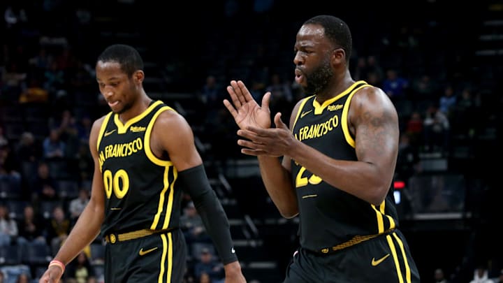 Golden State Warriors forward Jonathan Kuminga (00) and Golden State Warriors forward Draymond Green (23) walk to the bench at the end of the first quarter against the Memphis Grizzlies at FedExForum. Mandatory Credit: Petre Thomas-Imagn Images Golden State Warriors forward Jonathan Kuminga (00) and Golden State Warriors forward Draymond Green (23) walk to the bench at the end of the first quarter against the Memphis Grizzlies at FedExForum. Mandatory Credit: Petre Thomas-Imagn Images