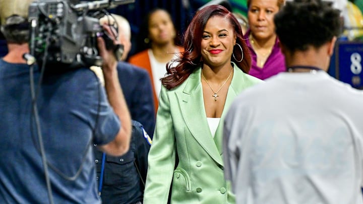 Feb 17, 2025; South Bend, Indiana, USA; Notre Dame Fighting Irish head coach Niele Ivey enters the Purcell Pavilion before the game against the Duke Blue Devils. Feb 17, 2025; South Bend, Indiana, USA; Notre Dame Fighting Irish head coach Niele Ivey enters the Purcell Pavilion before the game against the Duke Blue Devils.