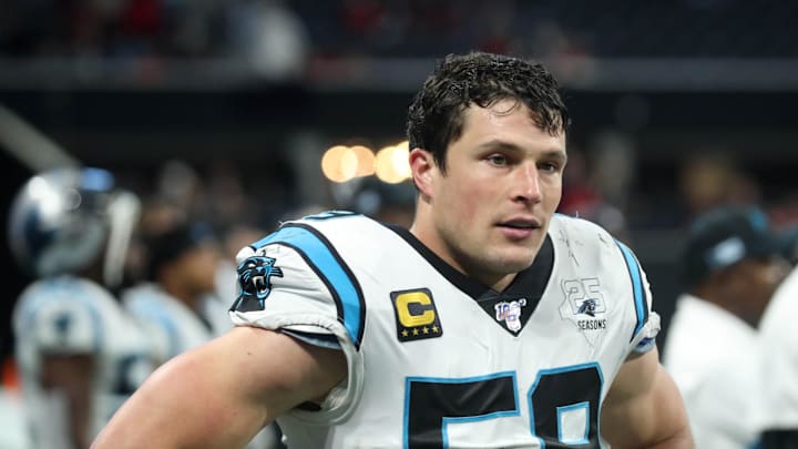 Dec 8, 2019; Atlanta, GA, USA; Carolina Panthers middle linebacker Luke Kuechly (59) reacts after a play in the fourth quarter against the Atlanta Falcons at Mercedes-Benz Stadium. Mandatory Credit: Jason Getz-Imagn Images