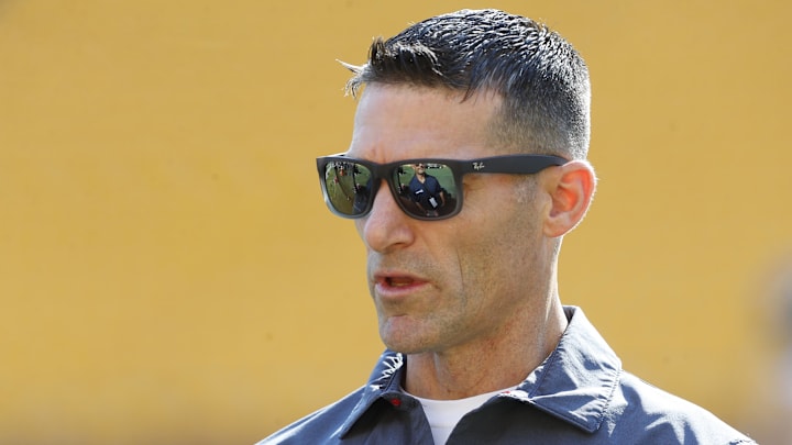 Aug 9, 2024; Pittsburgh, Pennsylvania, USA;  Houston Texans general manager Nick Caserio on the field before a game against the Pittsburgh Steelers at Acrisure Stadium. Mandatory Credit: Charles LeClaire-Imagn Images