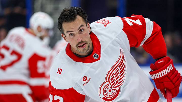 Apr 13, 2026; Tampa, Florida, USA; Detroit Red Wings defenseman Justin Faulk (72) warms up before a game against the Tampa Bay Lightning at Benchmark International Arena. Mandatory Credit: Nathan Ray Seebeck-Imagn Images