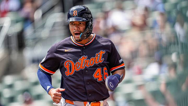 Apr 30, 2026; Cumberland, Georgia, USA; Detroit Tigers Wenceel Perez (46) reacts after scoring a run against the Atlanta Braves during the ninth inning at Truist Park. Mandatory Credit: Dale Zanine-Imagn Images