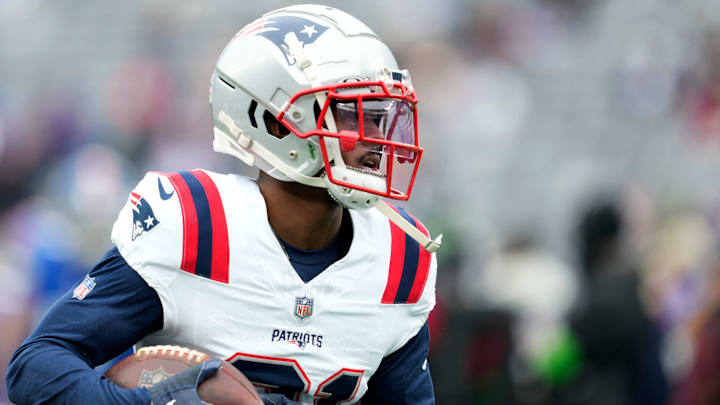 New England Patriots wide receiver Demario Douglas (81) is shown at MetLife Stadium, before the game with the New York Giants, Sunday, November 26, 2023.