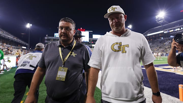 Sep 20, 2025; Atlanta, Georgia, USA; Georgia Tech Yellow Jackets head coach Brent Key walks off the field after a victory over the Temple Owls at Bobby Dodd Stadium at Hyundai Field. Mandatory Credit: Brett Davis-Imagn Images

