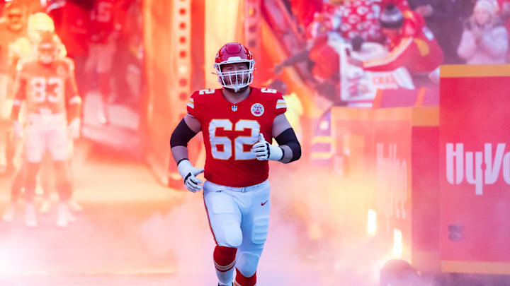 Jan 26, 2025; Kansas City, MO, USA; Kansas City Chiefs guard Joe Thuney (62) against the Buffalo Bills in the AFC Championship game at GEHA Field at Arrowhead Stadium. Mandatory Credit: Mark J. Rebilas-Imagn Images