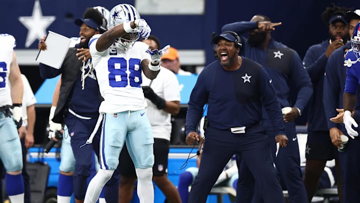 Sep 14, 2025; Arlington, Texas, USA; Dallas Cowboys wide receiver CeeDee Lamb (88) reacts after a play against the New York Giants during the second quarter at AT&T Stadium. Mandatory Credit: Kevin Jairaj-Imagn Images