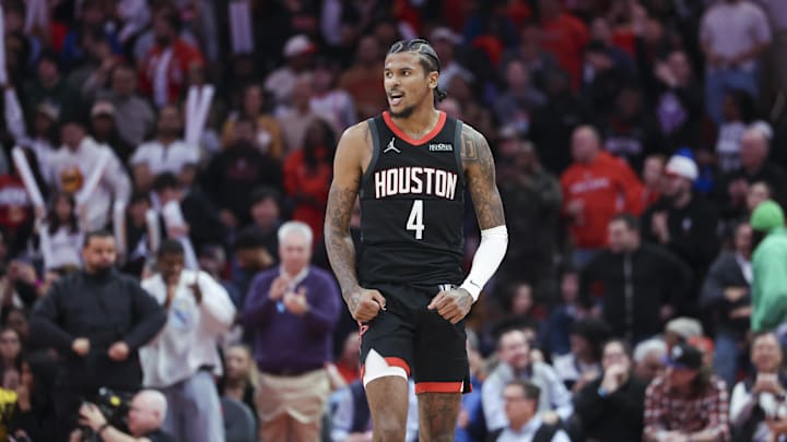 Jan 13, 2025; Houston, Texas, USA; Houston Rockets guard Jalen Green (4) reacts after a play during the second half against the Memphis Grizzlies at Toyota Center. Mandatory Credit: Troy Taormina-Imagn Images