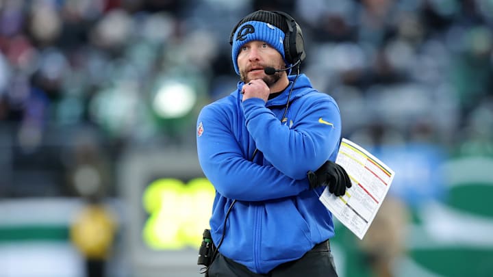 Dec 22, 2024; East Rutherford, New Jersey, USA; Los Angeles Rams head coach Sean McVay coaches against the New York Jets during the fourth quarter at MetLife Stadium. Mandatory Credit: Brad Penner-Imagn Images