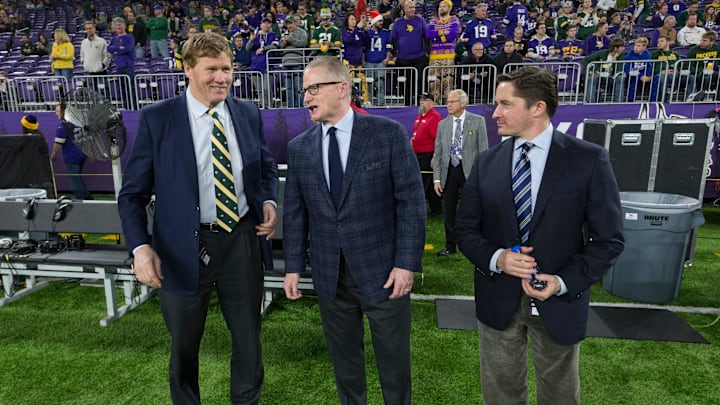 Green Bay Packers president Mark Murphy, left, talks with executive vice president/ director of football operations Russ Ball and chief operating officer and general counsel Ed Policy, right, listens to before their game against the Minnesota Vikings Monday, December 23, 2019 at US Bank Stadium in Minneapolis, Minn.
