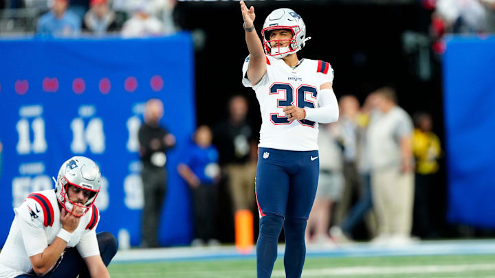 New England Patriots place kicker Andy Borregales (36) tries to line up a practice kick, Thursday, August 21, 2025, in East Rutherford.