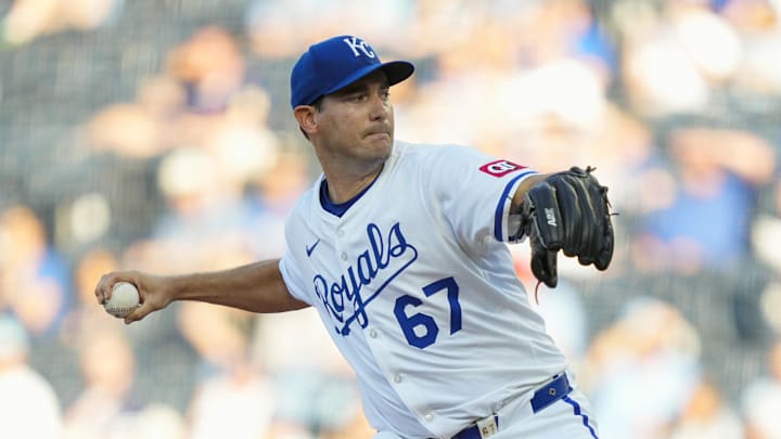 Jul 8, 2025; Kansas City, Missouri, USA; Kansas City Royals starting pitcher Seth Lugo (67) pitches during the first inning against the Pittsburgh Pirates at Kauffman Stadium. Mandatory Credit: Jay Biggerstaff-Imagn Images