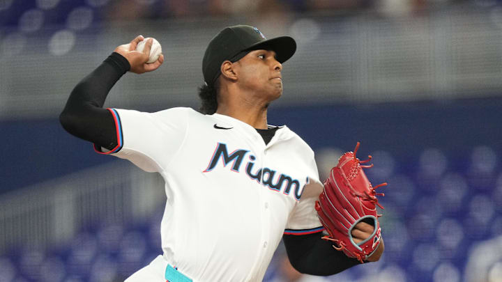 Jul 1, 2025; Miami, Florida, USA;  Miami Marlins pitcher Edward Cabrera (27) pitches in the first inning against the Minnesota Twins at loanDepot Park. Mandatory Credit: Jim Rassol-Imagn Images