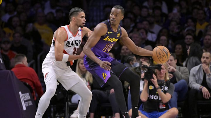Jan 2, 2025; Los Angeles, California, USA; Portland Trail Blazers forward Toumani Camara (33) guards Los Angeles Lakers center Christian Koloko (10) in the first half at Crypto.com Arena. Mandatory Credit: Jayne Kamin-Oncea-Imagn Images Jan 2, 2025; Los Angeles, California, USA; Portland Trail Blazers forward Toumani Camara (33) guards Los Angeles Lakers center Christian Koloko (10) in the first half at Crypto.com Arena. Mandatory Credit: Jayne Kamin-Oncea-Imagn Images