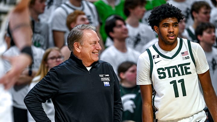 Michigan State's head coach Tom Izzo, left, smiles while talking with Jase Richardson during the game against Minnesota on Tuesday, Jan. 28, 2025, at the Breslin Center in East Lansing. Michigan State's head coach Tom Izzo, left, smiles while talking with Jase Richardson during the game against Minnesota on Tuesday, Jan. 28, 2025, at the Breslin Center in East Lansing.