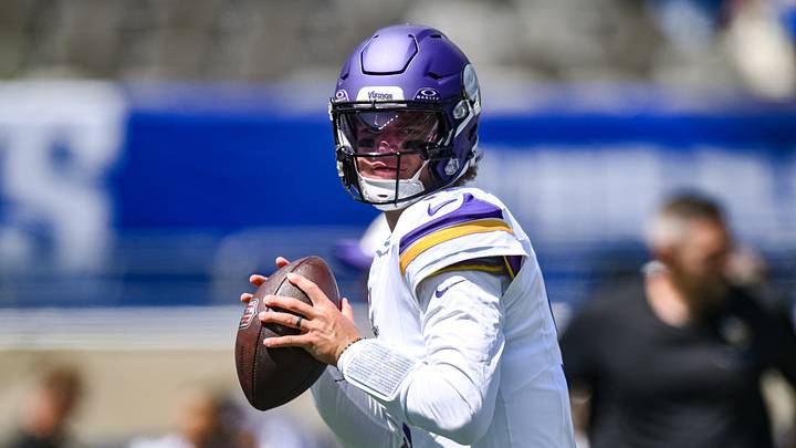 Aug 15, 2026; East Rutherford, New Jersey, USA; Minnesota Vikings quarterback J.J. McCarthy (9) warms up before a game against the New York Giants at MetLife Stadium. Mandatory Credit: John Jones-Imagn Images