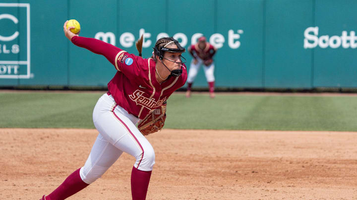 Florida State Seminoles pitcher Jazzy Francik (32) winds up to pitch. The Texas Tech Red Raiders defeated the Florida State Seminoles 2-1 in the NCAA WCWS Super Regionals on Friday, May 23, 2025.