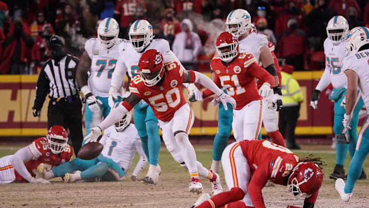Kansas City Chiefs linebacker Willie Gay (50) moves in to recover the ball against the Miami Dolphins during the second half of the 2023 AFC wild card game at GEHA Field at Arrowhead Stadium. Kansas City Chiefs linebacker Willie Gay (50) moves in to recover the ball against the Miami Dolphins during the second half of the 2023 AFC wild card game at GEHA Field at Arrowhead Stadium.