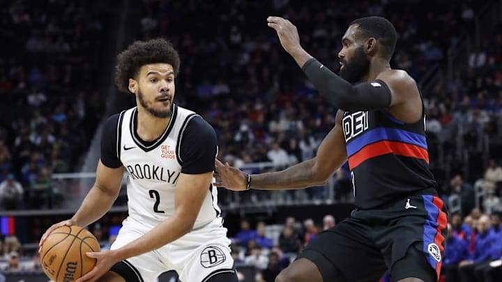 Mar 1, 2025; Detroit, Michigan, USA; Brooklyn Nets forward Cameron Johnson (2) is defended by Detroit Pistons forward Tim Hardaway Jr. (8) in the first half t Little Caesars Arena. Mandatory Credit: Rick Osentoski-Imagn Images Mar 1, 2025; Detroit, Michigan, USA; Brooklyn Nets forward Cameron Johnson (2) is defended by Detroit Pistons forward Tim Hardaway Jr. (8) in the first half t Little Caesars Arena. Mandatory Credit: Rick Osentoski-Imagn Images