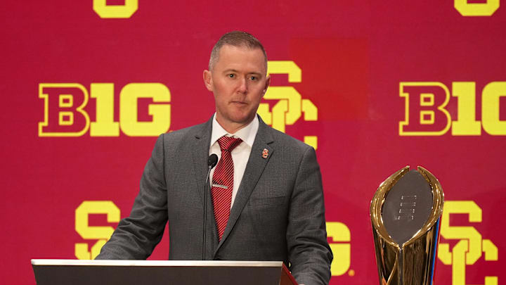 Jul 24, 2025; Las Vegas, NV, USA; USC head coach Lincoln Riley speaks to the media during the Big Ten NCAA college football media days at Mandalay Bay Resort. Mandatory Credit: Lucas Peltier-Imagn Images