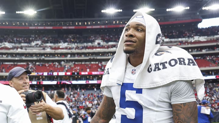 Oct 27, 2024; Houston, Texas, USA; Indianapolis Colts quarterback Anthony Richardson (5) walks on the field after the game against the Houston Texans at NRG Stadium. Mandatory Credit: Troy Taormina-Imagn Images