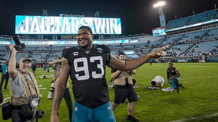 Dec 29, 2019; Jacksonville, Florida, USA; Jacksonville Jaguars defensive end Calais Campbell (93) looks on after defeating the Indianapolis Colts at TIAA Bank Field. Mandatory Credit: Douglas DeFelice-Imagn Images