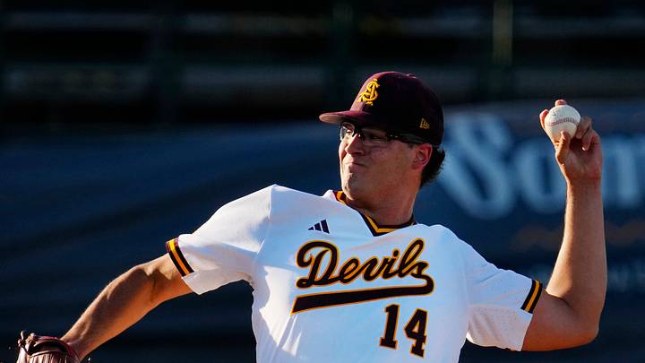 Arizona State pitcher Cole Carlon (14) pitches against Oklahoma State during a game at Phoenix Municipal Stadium in Phoenix, on May 8, 2026.