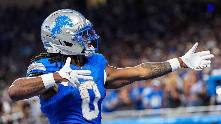 Detroit Lions running back Jahmyr Gibbs (0) celebrates first down against Chicago Bears during the second half at Ford Field in Detroit on Sunday, Sept. 14, 2025. Detroit Lions running back Jahmyr Gibbs (0) celebrates first down against Chicago Bears during the second half at Ford Field in Detroit on Sunday, Sept. 14, 2025.