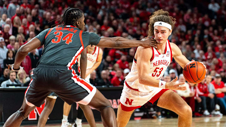 Jan 23, 2024; Lincoln, Nebraska, USA; Nebraska Cornhuskers forward Josiah Allick (53) drives against