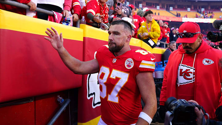 Nov 23, 2025; Kansas City, Missouri, USA; Kansas City Chiefs tight end Travis Kelce (87) greets fans after the game against the Indianapolis Colts at GEHA Field at Arrowhead Stadium. Mandatory Credit: Denny Medley-Imagn Images