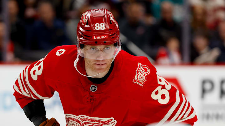 Mar 6, 2026; Detroit, Michigan, USA;  Detroit Red Wings right wing Patrick Kane (88) gets set during a face-off in the second period against the Florida Panthers at Little Caesars Arena. Mandatory Credit: Rick Osentoski-Imagn Images