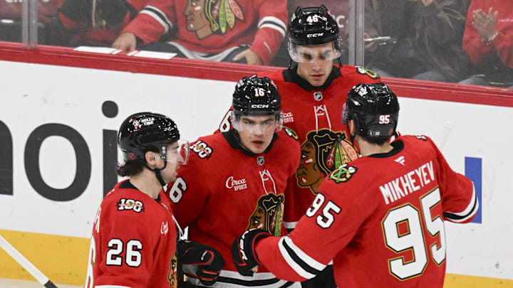 Apr 9, 2026; Chicago, Illinois, USA; Chicago Blackhawks center Anton Frondell (16) celebrates his goal against the Carolina Hurricanes with teammates during the third period at the United Center. Mandatory Credit: Matt Marton-Imagn Images Apr 9, 2026; Chicago, Illinois, USA; Chicago Blackhawks center Anton Frondell (16) celebrates his goal against the Carolina Hurricanes with teammates during the third period at the United Center. Mandatory Credit: Matt Marton-Imagn Images