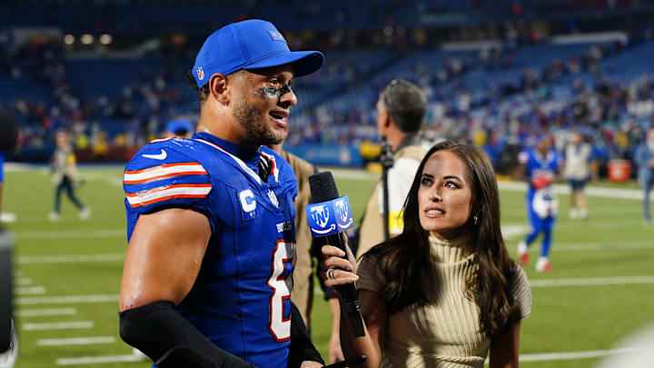 Buffalo Bills linebacker Terrel Bernard (8) is interviewed after the game against the Miami Dolphins at Highmark Stadium. Buffalo Bills linebacker Terrel Bernard (8) is interviewed after the game against the Miami Dolphins at Highmark Stadium.