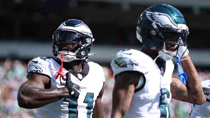 Sep 21, 2025; Philadelphia, Pennsylvania, USA; Philadelphia Eagles wide receiver AJ. Brown (11) reacts after scoring a touchdown against the Los Angeles Rams during the first half at Lincoln Financial Field. Mandatory Credit: Bill Streicher-Imagn Images