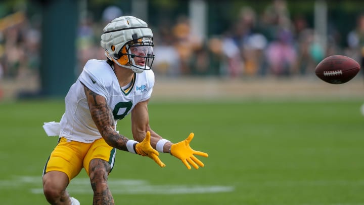 Green Bay Packers wide receiver Christian Watson at training camp. Green Bay Packers wide receiver Christian Watson at training camp.