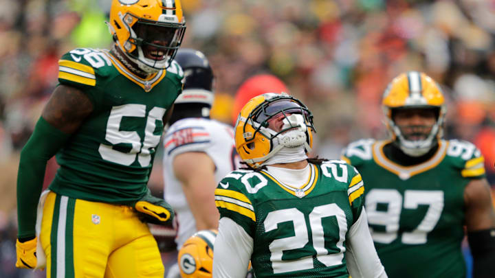 Green Bay Packers safety Javon Bullard (20) celebrates making a tackle against the Chicago Bears. He is the youngest player on the team.