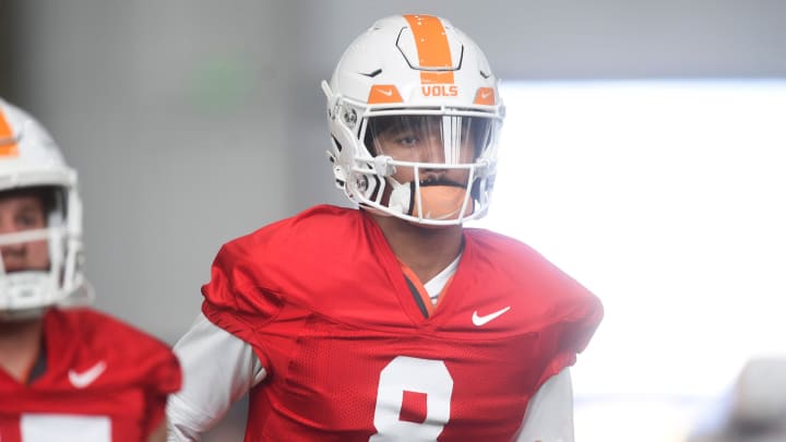 Tennessee’s Nico Iamaleava (8) during Tennessee football’s first fall practice, in Knoxville, Tenn., Wednesday, July 31, 2024. Tennessee’s Nico Iamaleava (8) during Tennessee football’s first fall practice, in Knoxville, Tenn., Wednesday, July 31, 2024.