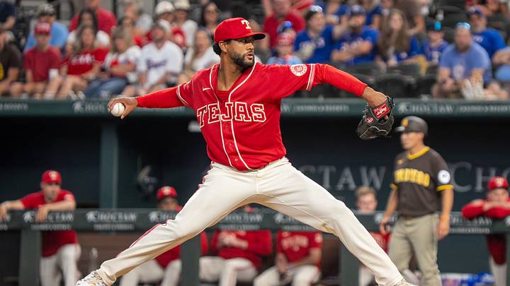 Jun 20, 2026; Arlington, Texas, USA;  Texas Rangers pitcher Joe Ross (41) throws to the plate against the San Diego Padres during the tenth inning at Globe Life Field. Mandatory Credit: Raymond Carlin III-Imagn Images