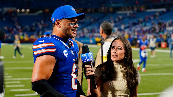 Sep 18, 2025; Orchard Park, New York, USA; Buffalo Bills linebacker Terrel Bernard (8) is interviewed after the game against the Miami Dolphins at Highmark Stadium.