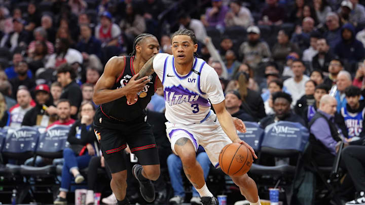 Mar 4, 2026; Philadelphia, Pennsylvania, USA; Utah Jazz guard Keyonte George (3) drives against Philadelphia 76ers guard Tyrese Maxey (0) in the third quarter at Xfinity Mobile Arena. Mandatory Credit: Kyle Ross-Imagn Images