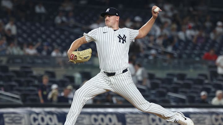 Aug 13, 2025; Bronx, New York, USA; New York Yankees relief pitcher Brent Headrick (47) delivers a pitch during the ninth inning against the Minnesota Twins at Yankee Stadium. Mandatory Credit: Vincent Carchietta-Imagn Images